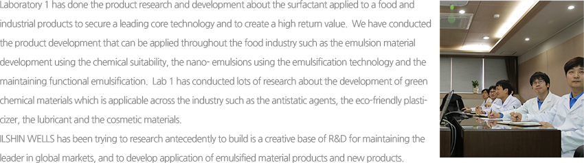 연구1실에서는 식품용 및 산업용 전반에 적용되는 계면활성제에 대한 선도적인 핵심기술을 확보하고, 고수익 가치를 창출할 수 있도록 제품 연구 개발을 진행하고 있습니다. 식품분야로는 화학적합성을 응용한 에멀젼 소재 개발, 유화기술을 응용한 나노유화물 및 기능성 유화 유지등 식품분야 전반에 적용이 가능한 제품개발을 진행하고 있습니다. 그리고 산업용분야로는 대전방지제, 무적제, 활제, 친환경가소제 및 화장품 소재 등 산업 전반에 걸쳐 응용이 가능한 녹색화학 소재 개발에 대해 많은 연구를 진행하고 있습니다.
						㈜일신웰스가 글로벌 시장에서 선도적인 지위를 유지하기 위하여 창의적 R&D 기반을 구축하고 유화소재 제품의 다양한 응용처 발굴 및 신제품 개발을 위하여 한발 앞서 연구를 진행할 수 있도록 끊임없이 노력하겠습니다.